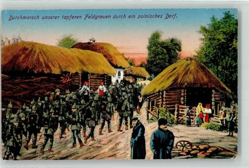 1916 Durchmarsch unserer tapferen Soldater durch ein polnisches Dorf Feldpost WK I 6. Battr. Feld-Art.-Regt. Nr 213