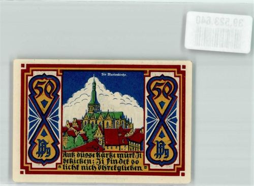Osnabrück 1924 Gutschein über 50 Pfennig Stadthauptkasse Osnabrück Marienkirche