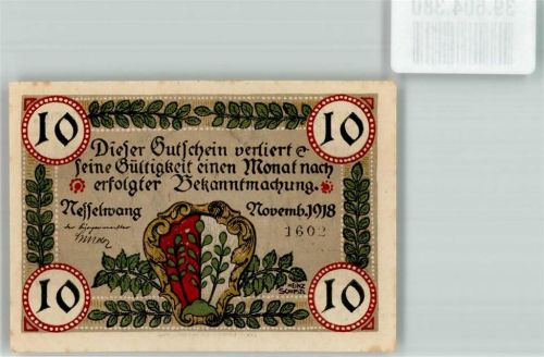 Nesselwang 1918 Gutschein über 10 Pfennig St. Andreas Kirche Wappen