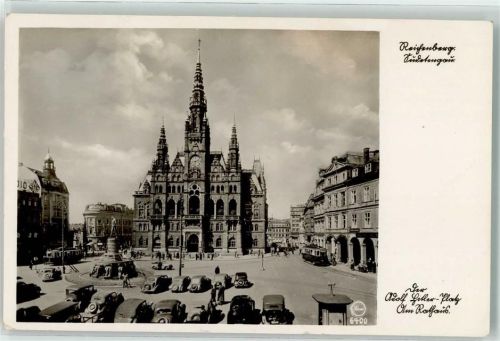 Liberec Rathaus Auto Straßenbahn Adolf Hitler Paltz WK II