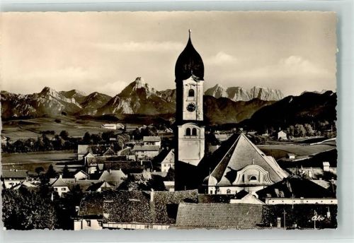 Nesselwang mit Kirche St. Andreas Säuling und Zugspitze Fotograf Kohlbauer Notopfermarke