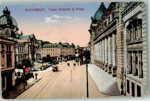 Bukarest 1916 Calea Victoriei Postamt Pferdestraßenbahn