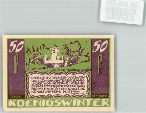 Königswinter 1921 50 Pf. Nr. 1524 Die Mühle im kühlen Grunde