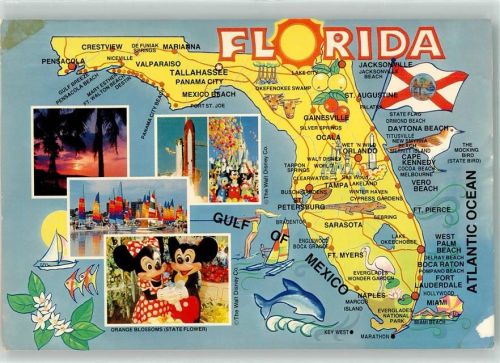 Orlando Landkarte Atlantik Ozean Golf von Mexico Segelboot Mickey Minnie Mouse Orange Blossoms Rakete Raumfahrt Ort lt. Stempel