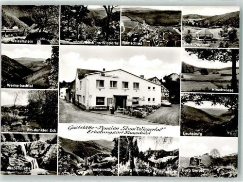 Ramschied Gaststätte Pension Gasthaus zum Wispertal Weisenstein Sauerbrunnen Hirschwiese Lauksburg Burg Gerold Rheinberg Laukenmühle Wisperquelle Am dunklen Eck Werkerbachtal Auto Erholungsort Mehrfachabbildungen