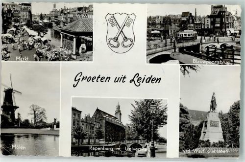 Leiden 1960 Denkmal van d. Werf Straßenbahn Windmühle Marktplatz