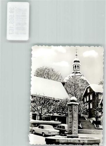 Gräfrath Markt Winter Schnee Kirche Brunnen Auto Ort handschriftlich Foto Original aus Archiv eines Ansichtskartenverlags