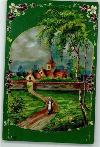 1909 Frühlingsidylle auf dem Land Eine Mauer umschließt eine kleine Kirche Birken Veilchen