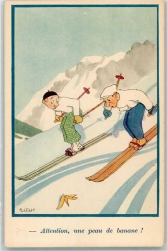 Humor Comic sign. A. Lelly Bananenschale auf der Piste