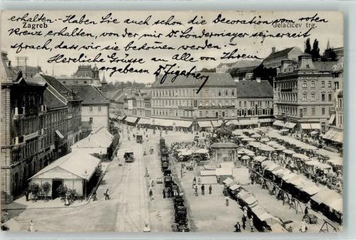 Zagreb 1913 Foto AK Marktszene Denkmal