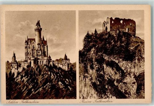 Falkenstein 1928 Burgruine Falkenstein und Burgentwurf aus dem 19.Jhdt. Stempel Burg-Hotel