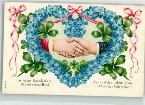 1909 Ein Mann und eine Frau geben sich die Hände in einem Herz aus Vergissmeinnicht und Glücksklee Lithographie