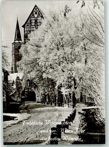 Münnerstadt Fröhliche Weihnachten und zum neuen Jahr die besten Wünsche Kirche Fachwerk Winter Schnee Foto AK