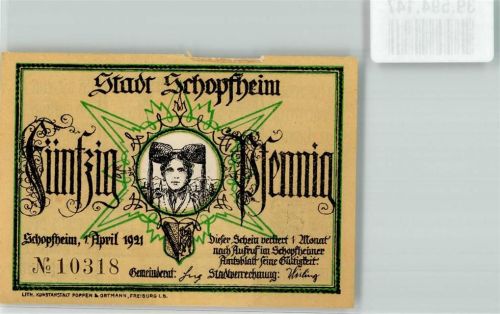 Schopfheim 1921 Schwarzwaldtracht 50 Pfennig Wappen Das Habermuß sign. J.P. Hebel