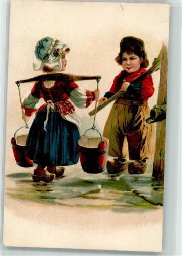 1909 Holländische Kinder in Tracht holen Wasser an der Schwengelpumpe Hollandkinder