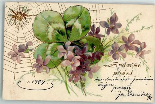 1904 Spinnennetz hinter Glücksklee und Veilchen Srdecne Prani Lithographie