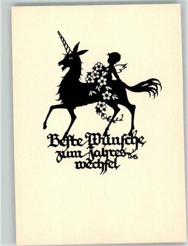 Scherenschnitt Neujahr Beste Wünsche zum Jahreswechsel Engel reitet auf Einhorn Hessischer Heimatverlag Chlodwig Rinck