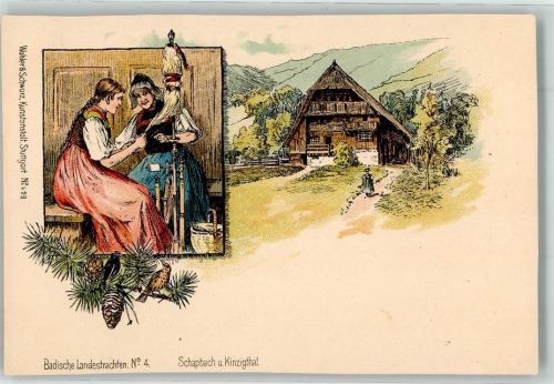 Schapbach Lithographie Badische Landestracht No. 4 Spinnrad beschnitten