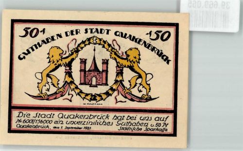 Quakenbrück 1921 50 Pf. Guthaben der Stadt Eiserner Burgmann