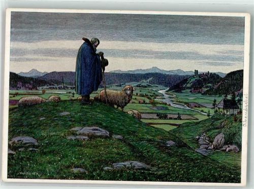 sign. Madlener Josef Abendgebet Schafe Hirte und Herde F.A. Ackermanns Kunstverlag Nr. 6122