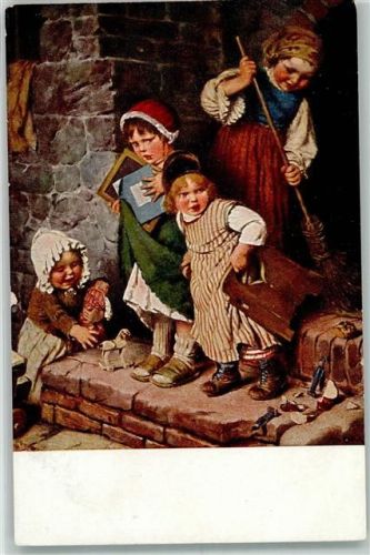 Platz gemacht! Mädchen mit Reisigbesen scheucht Kinder von der Treppe Hanfstaengl's Künstlerkarte Nr. 149
