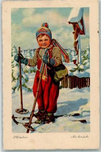 Kind auf Ski sign. Zdeslav Na horach