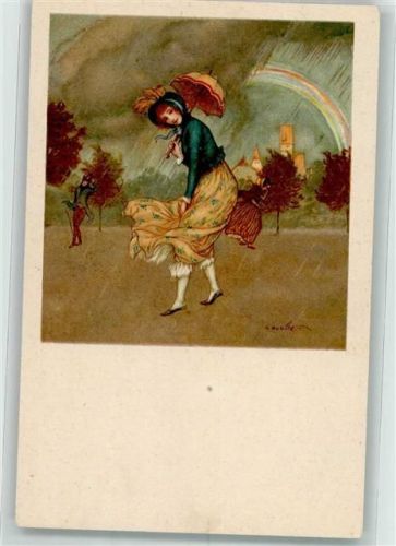 sign. Schüte Frau mit kleinem Regenschirm im stürmischen Regenschauer M.M. Nr. 1366