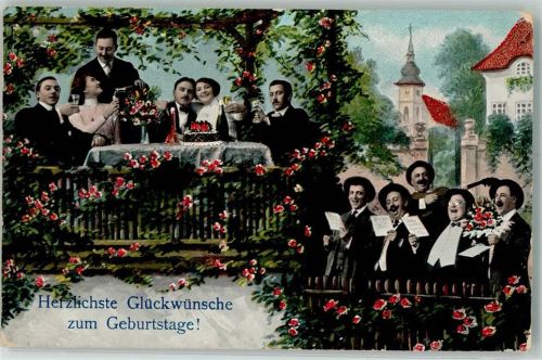 1913 Herrenchor gibt ein Geburtstagsständchen während die Herrschaften sich zuprosten Gitarre