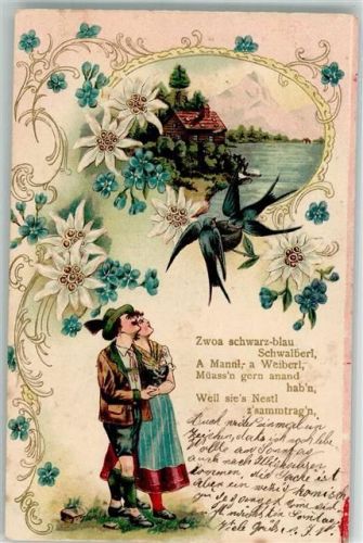 1905 Edelweiß Vergissmeinnicht Frau Tracht Landschaft Spruch