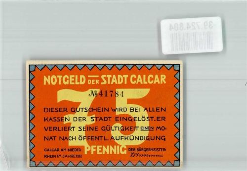 Kalkar 1922 75 Pfennig Gutschein Nr. 41784