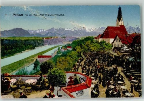 Pullach 1918 Gasthaus Rabenwirtterrassen an der Isar mit Alpenpanorama und Heiliggeistkirche Verlag Zieher, Ottmar Nr. 3695