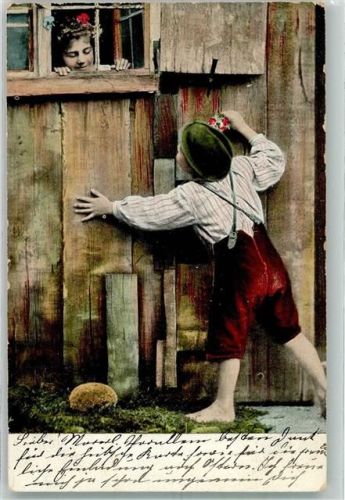 1906 Junge versucht einem am Fenster stehenden Mädchen einen Blumenstrauß zu schenken P.F.B. Serie 3268