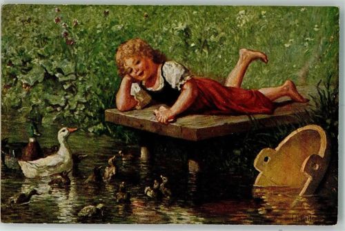 1918 sign. Gitter, H. Entenliesel auf dem Steg liegend unterhält eine im Teich schwimmende Entenfamilie Galerie Münchner Meister Nr. 267