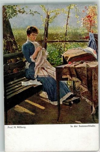 sign. Wilberg M. Prof. In der Sommerfrische Frau Wiege Deutsche Künstler Nr. 1004