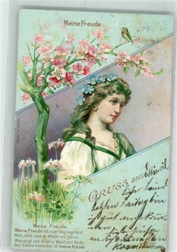 1901 Junge Frau mit Blumenschmuck im Haar unter einem blühenden Baum E.B. & C.i.B. 9358