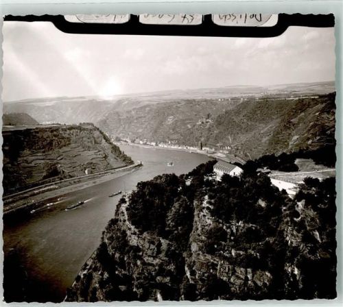 Loreley Fliegeraufnahme mit Rheinschifffahrt und Burg Katz Foto Original aus Archiv eines Ansichtskartenverlags Ort handschriftlich