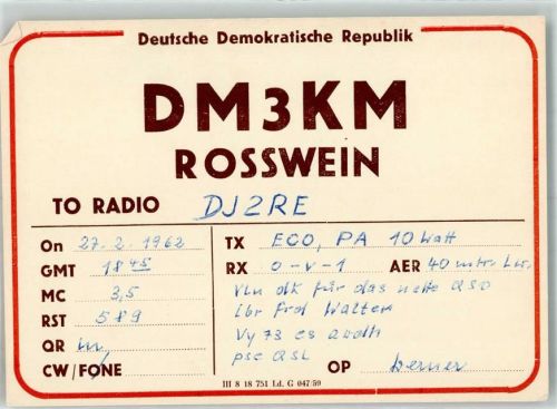 Roßwein 1962 Amateurfunk QSL-Karte DM3KM