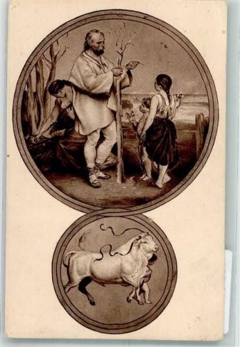 1923 sign. Manes, Josef Duben Plaketten mit einer Familie die Bäume pflanzt und einem heiligen Stier Künstlerkarte