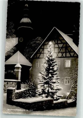 Hof Weihnachtsabend Winter Schnee Weihnachtsbaum Beleuchtung Nacht Kirche