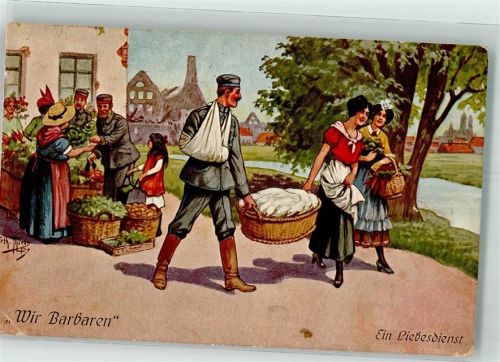 1915 Wir Barbaren Verwundeter deutscher Soldat hilt einheimischen Frauen beim Transport der Wäsche Künstlerkarte Feldpost WK I 53. Reservedivision