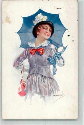 1918 Junge Frau im fliederfarbenen Kleid mit blauem Regenschirm Künstlerkarte Erkal No. 305/4
