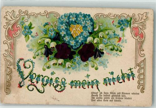 1908 mit Echtstoffaplikation Jugendstil Vergissmeinnicht Poesie Veilchen ASB Nr.82