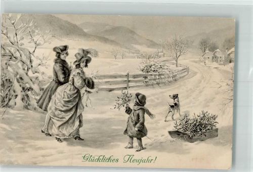 Neujahr Winter Kinderheim Schlitten Frau Muff Hutmode Fox Terrier Misteln M.M. Vienne Nr. 618