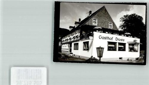 Oberkirchen Gasthof Droste Gasthaus Fachwerk Terrasse Ort handschriftlich Foto Original aus Archiv eines Ansichtskartenverlags