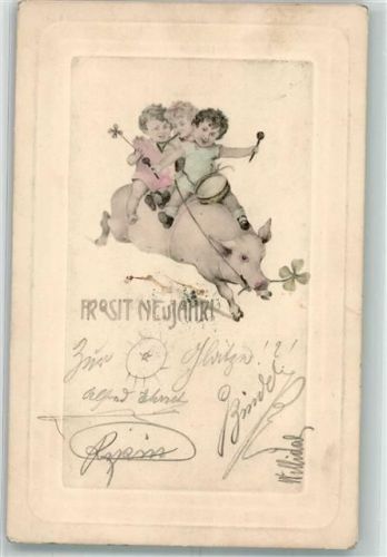 1901 Kinder reiten Prägedruck Neujahr Passepartout