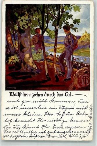 1929 Wallfahrer ziehen durch das Land , Wandern sign. Amtsberg Vertrieb: Werbeabteilung der Deutschen Turnerschaft Nr. 8