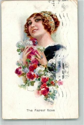 The fairest Rose Junge Frau mit einem bunten Rosenstrauß E.A.S.B. 110/1 Maschinenstempel