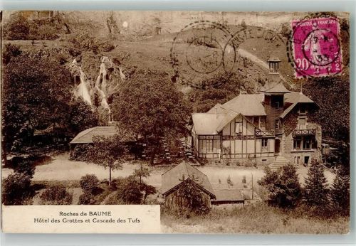 La Baume 1933 Hotel des Grottes Waserfall Briefmarke Bildseite