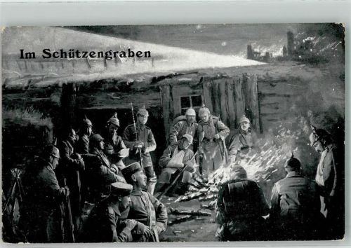 1915 Landser an einem wärmenden Lagerfeuer vor dem Unterstand in der Nacht Feldpost 7. Res.-Div.