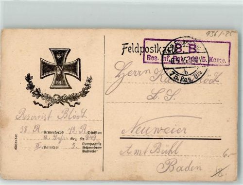 1915 Feldpost WK I 75. Reserve-Division